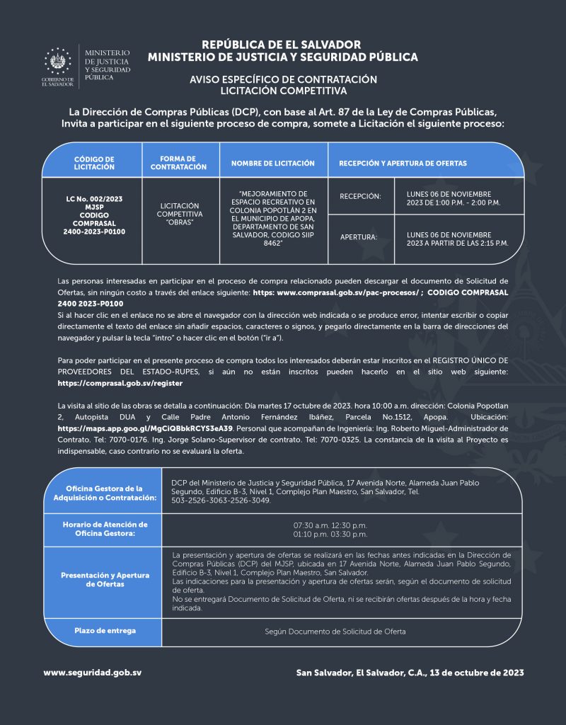 Invitación a participar en el proceso de licitación de Mejoramiento de espacio recreativo en Col. Popotlán 2, Apopa, San Salvador