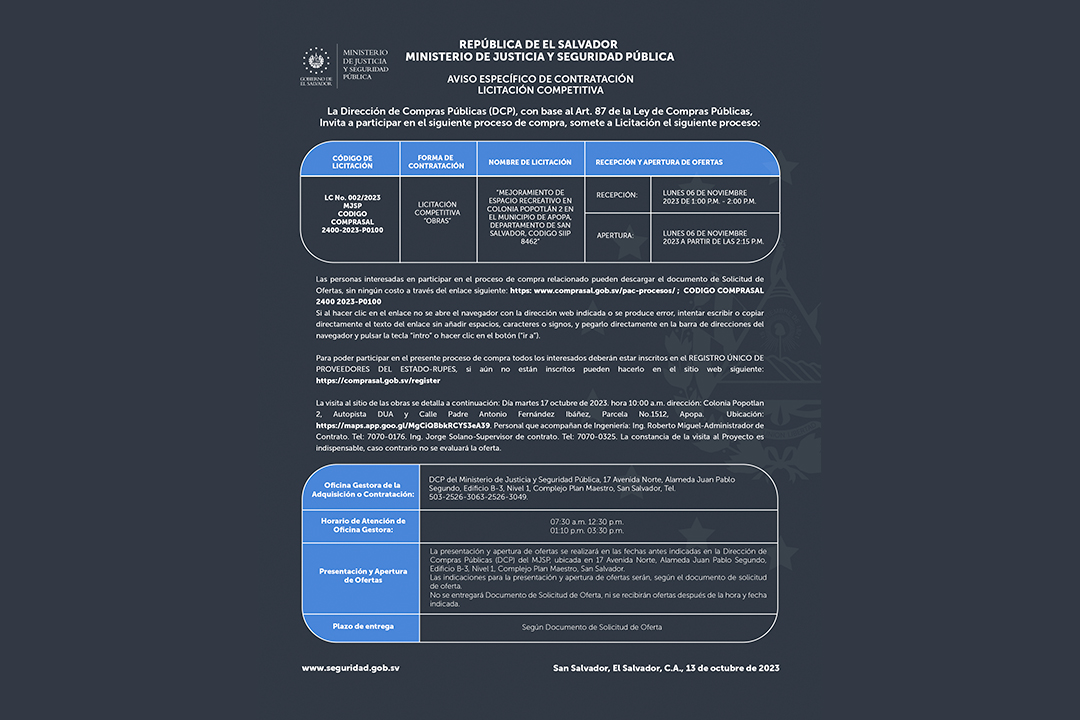 Invitación a participar en el proceso de licitación de Mejoramiento de espacio recreativo en Col. Popotlán 2, Apopa, San Salvador