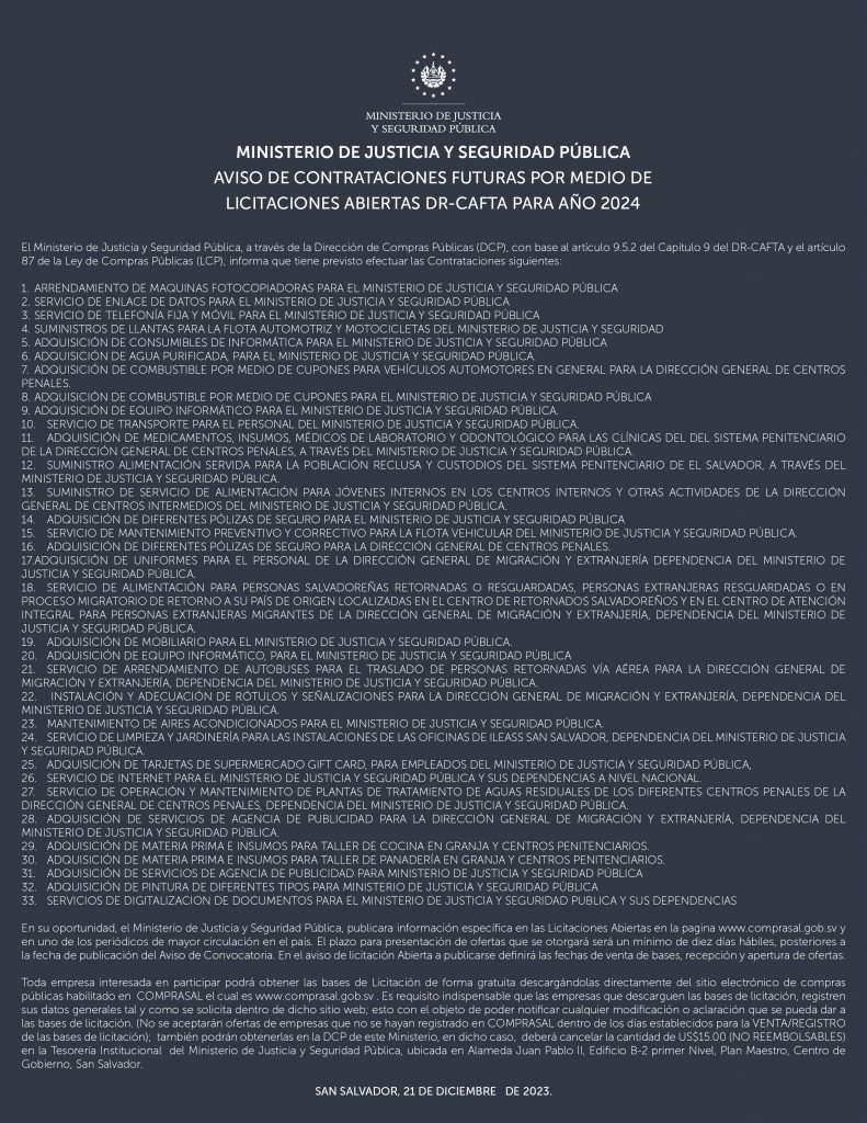 Aviso de contrataciones futuras por medio de licitaciones abiertas DR-CAFTA para año 2024.