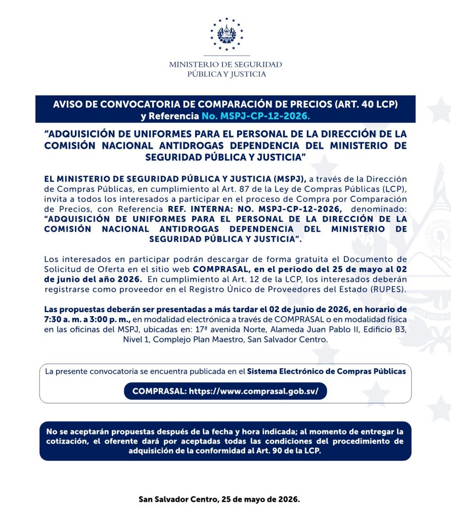 AVISO DE CONVOCATORIA DE COMPARACIÓN DE PRECIOS (ART. 40 LCP) y Referencia No. MSPJ-CP-12-2026