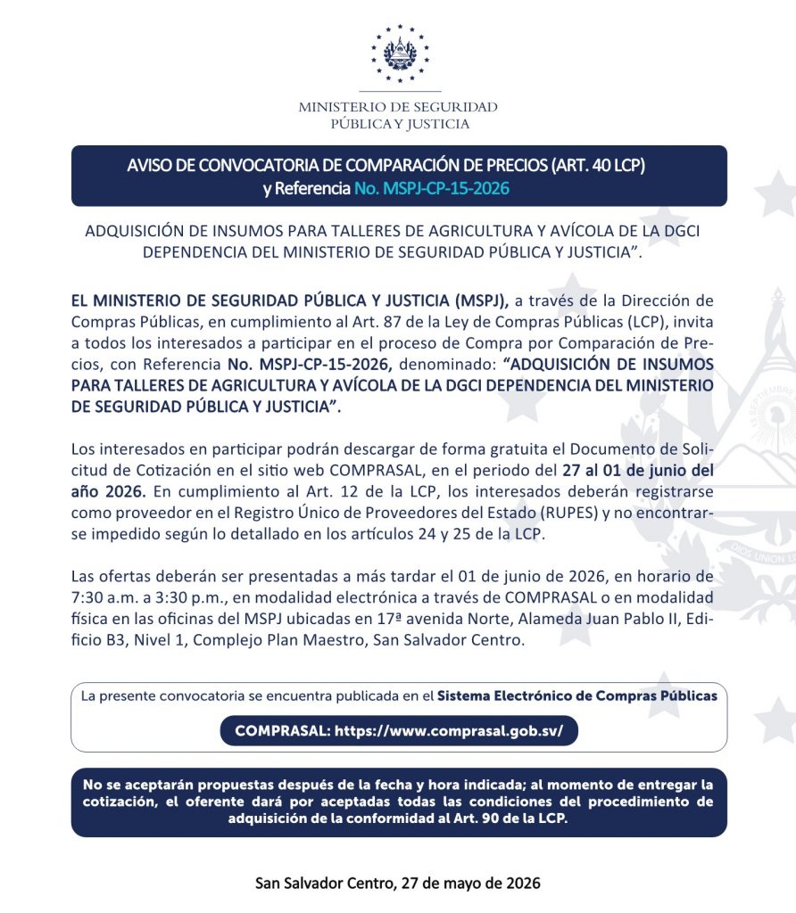 AVISO DE CONVOCATORIA DE COMPARACIÓN DE PRECIOS (ART. 40 LCP)y ReferenciaNo. MSPJ-CP-15-202