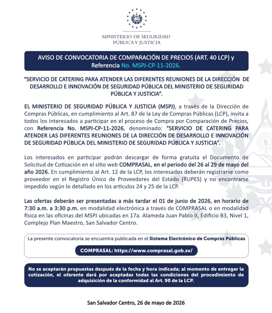 AVISO DE CONVOCATORIA DE COMPARACIÓN DE PRECIOS (ART. 40 LCP) y Referencia No. MSPJ-CP-11-2026