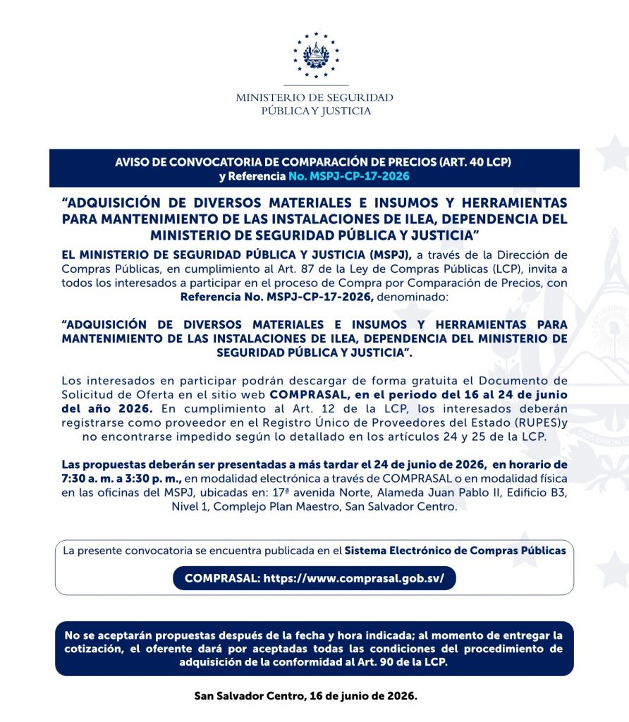 AVISO DE CONVOCATORIA DE COMPARACIÓN DE PRECIOS (ART. 40 LCP) y Referencia No. MSPJ-CP-17-2026