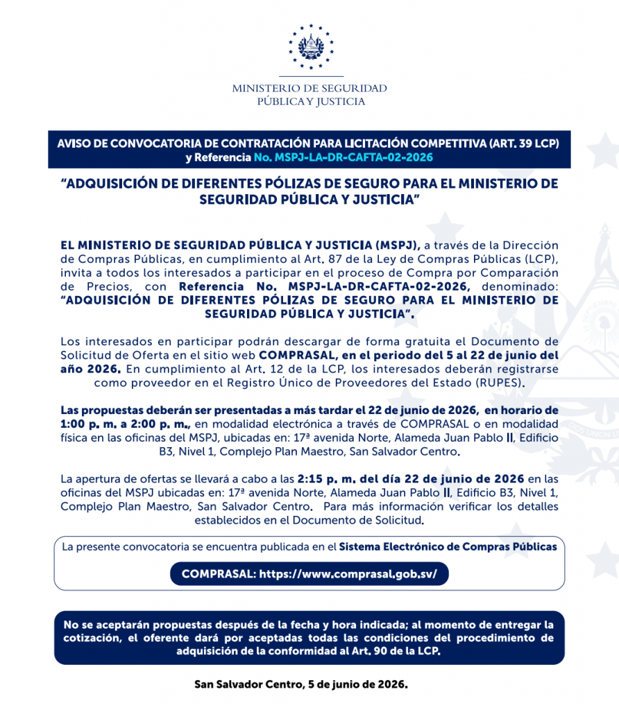 AVISO DE CONVOCATORIA DE CONTRATACIÓN PARA LICITACIÓN COMPETITIVA (ART. 39 LCP) y Referencia  No. MSPJ-LA-DR-CAFTA-02-2026