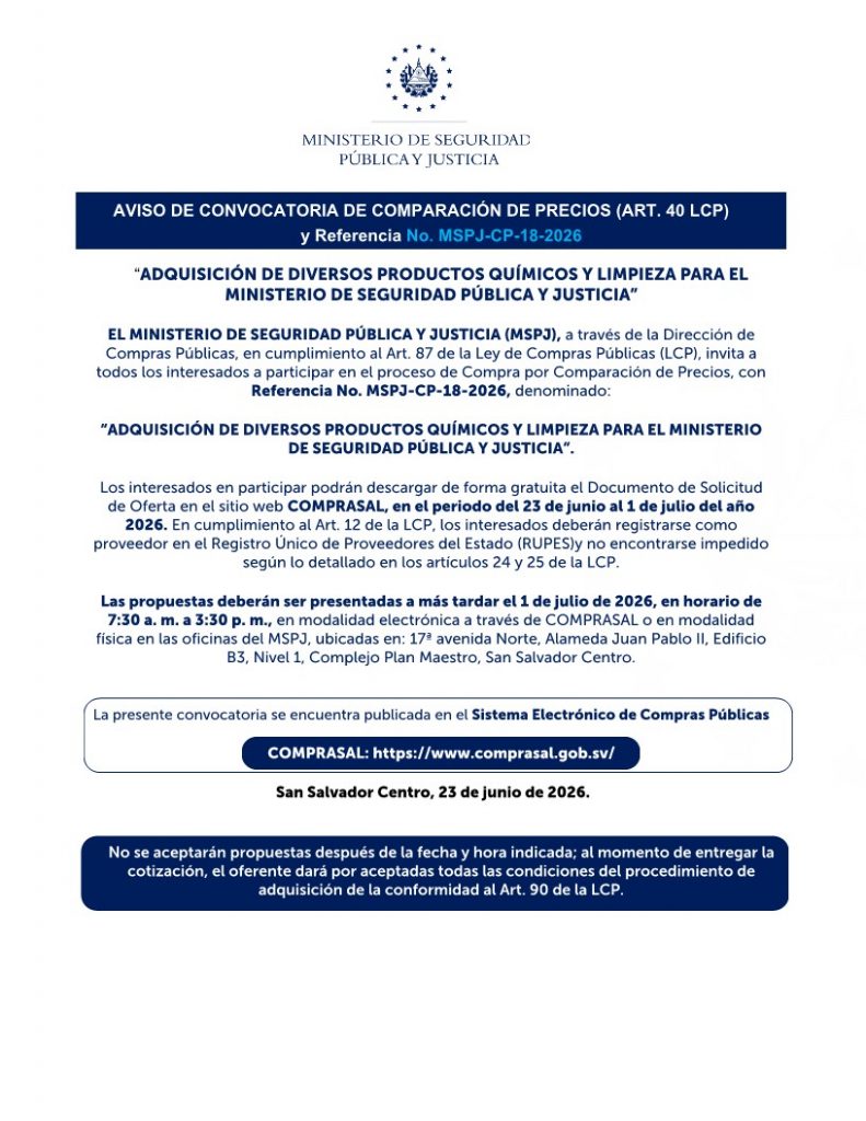AVISO DE CONVOCATORIA DE COMPARACIÓN DE PRECIOS (ART. 40 LCP) y Referencia No. MSPJ No. MSPJ-CPCP-118--2026