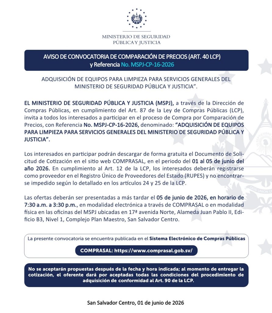 AVISO DE CONVOCATORIA DE COMPARACIÓN DE PRECIOS (ART. 40 LCP)y Referencia No. MSPJ-CP-16-2026