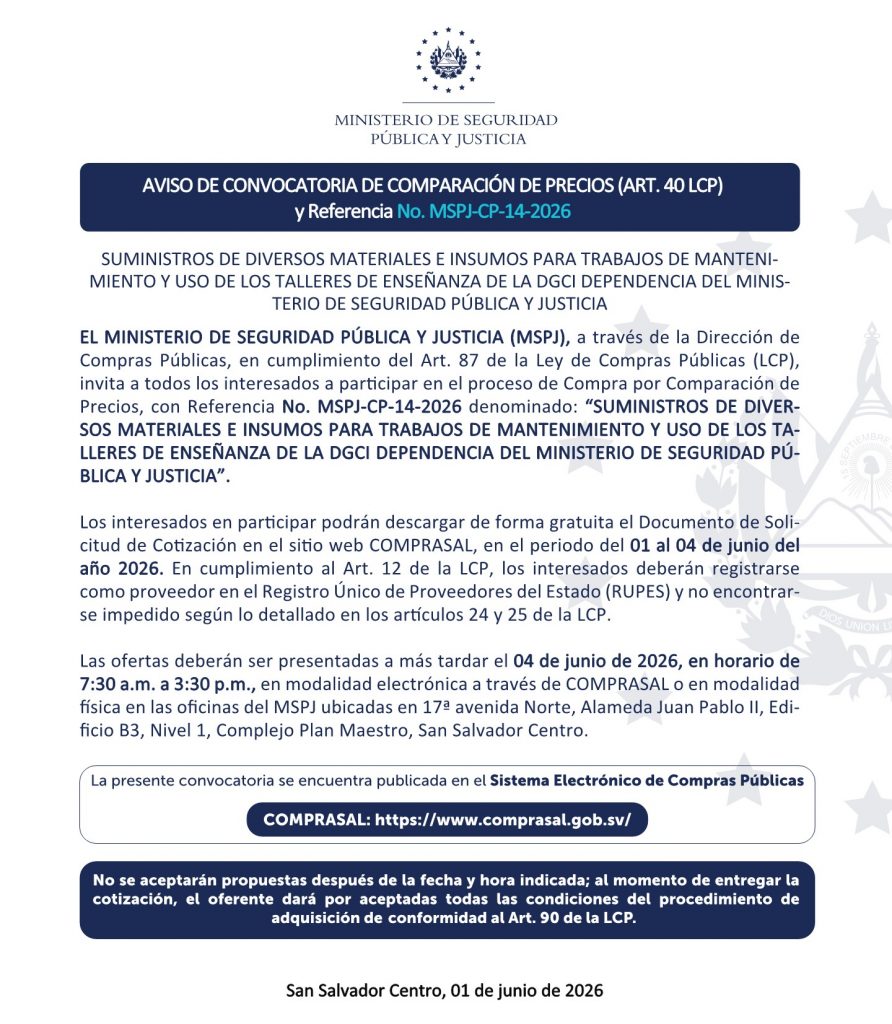 AVISO DE CONVOCATORIA DE COMPARACIÓN DE PRECIOS (ART. 40 LCP) 
y Referencia No. MSPJ-CP-14-2026