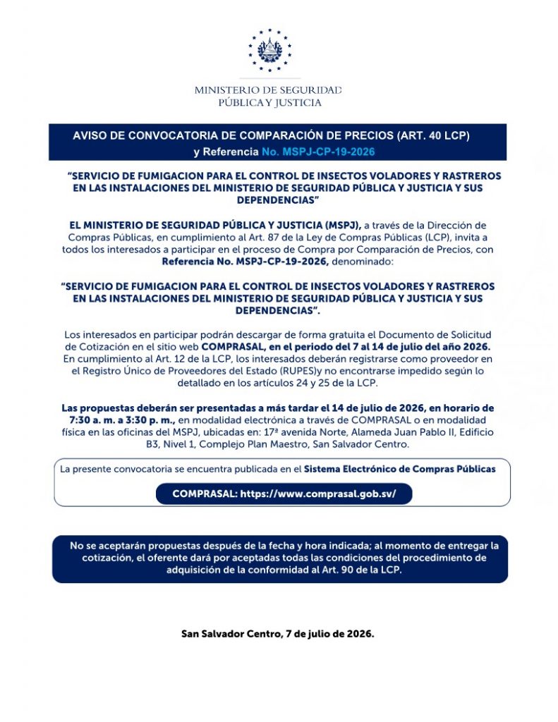 AVISO DE CONVOCATORIA DE COMPARACIÓN DE PRECIOS (ART. 40 LCP) y Referencia No. MSPJ-CP-19-2026