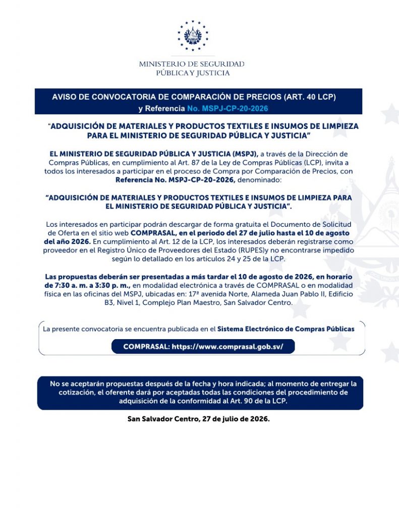 AVISO DE CONVOCATORIA DE COMPARACIÓN DE PRECIOS (ART. 40 LCP) y Referencia No. MSPJ-CP-20-2026