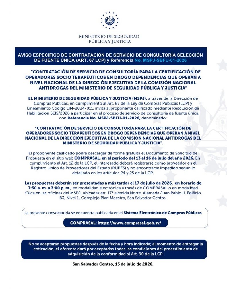 AVISO ESPECIFICO DE CONTRATACIÓN DE  SERVICIO DE CONSULTORÍA SELECCIÓN DE FUENTE ÚNICA (ART. 67 LCP) y Referencia No. MSPJ-SBFU-01-2026