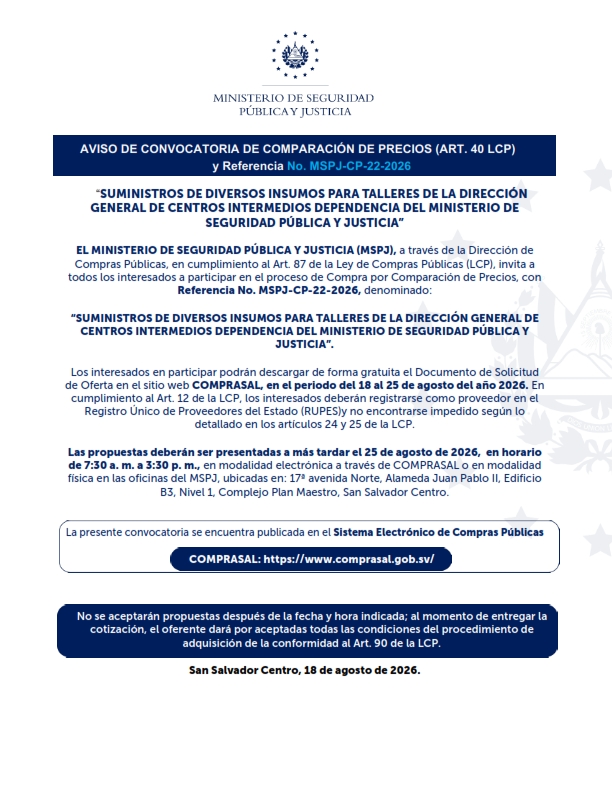 AVISO DE CONVOCATORIA DE COMPARACIÓN DE PRECIOS (ART. 40 LCP) y Referencia No. MSPJ-CP-22-2026
