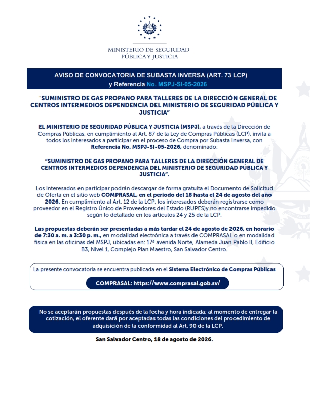 AVISO DE CONVOCATORIA DE SUBASTA INVERSA (ART. 73 LCP) y Referencia No. MSPJ-SI-05-2026