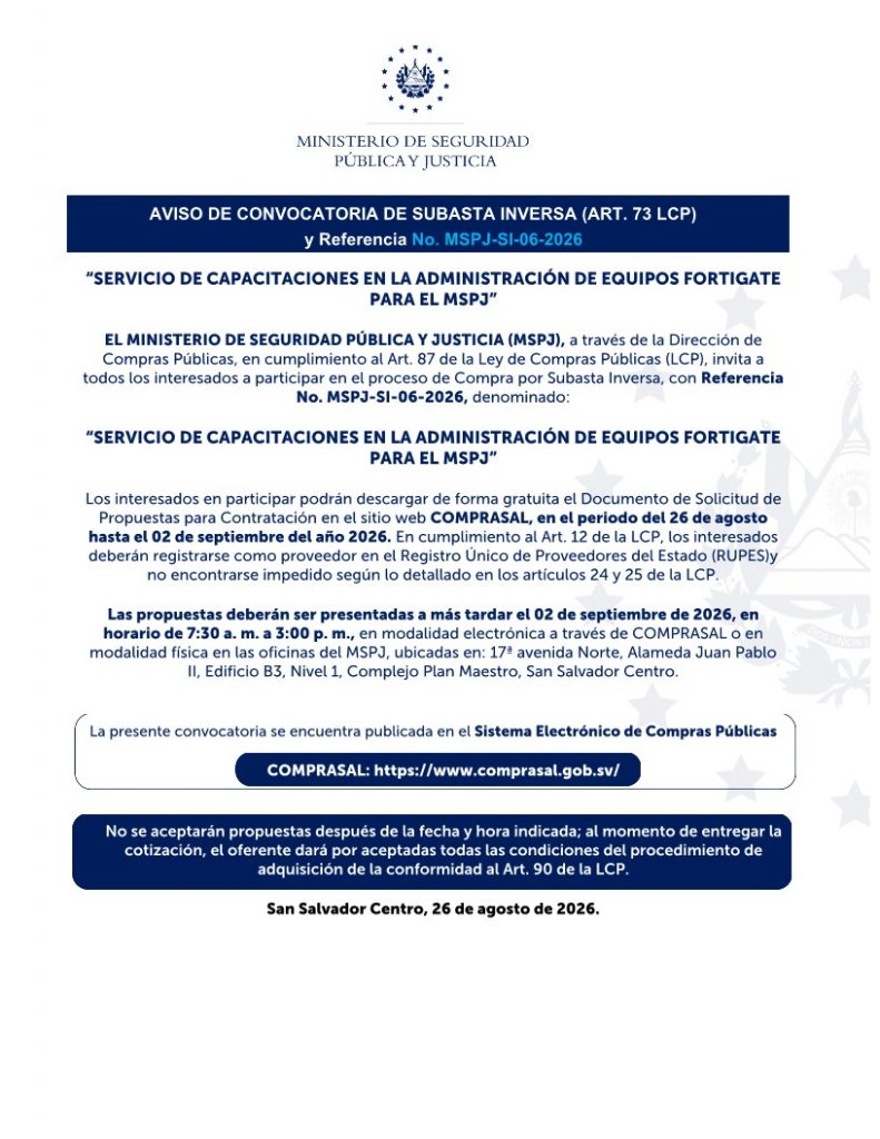 AVISO DE CONVOCATORIA DE SUBASTA INVERSA (ART. 73 LCP) y Referencia No. MSPJ-SI-06-2026