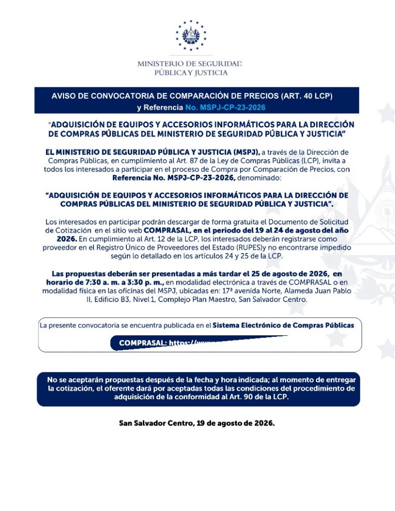 AVISO DE CONVOCATORIA DE COMPARACIÓN DE PRECIOS (ART. 40 LCP) y Referencia No. MSPJ-CP-23-2026