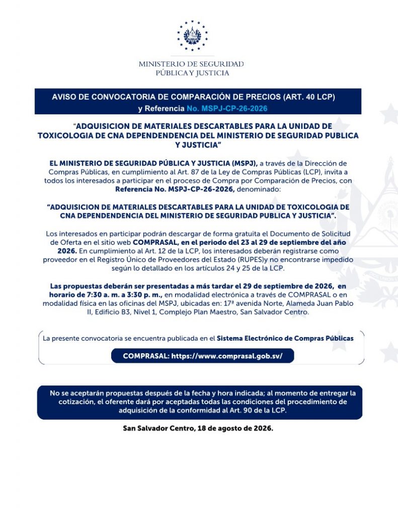 AVISO DE CONVOCATORIA DE COMPARACIÓN DE PRECIOS (ART. 40 LCP) y Referencia No. MSPJ-CP-26-2026