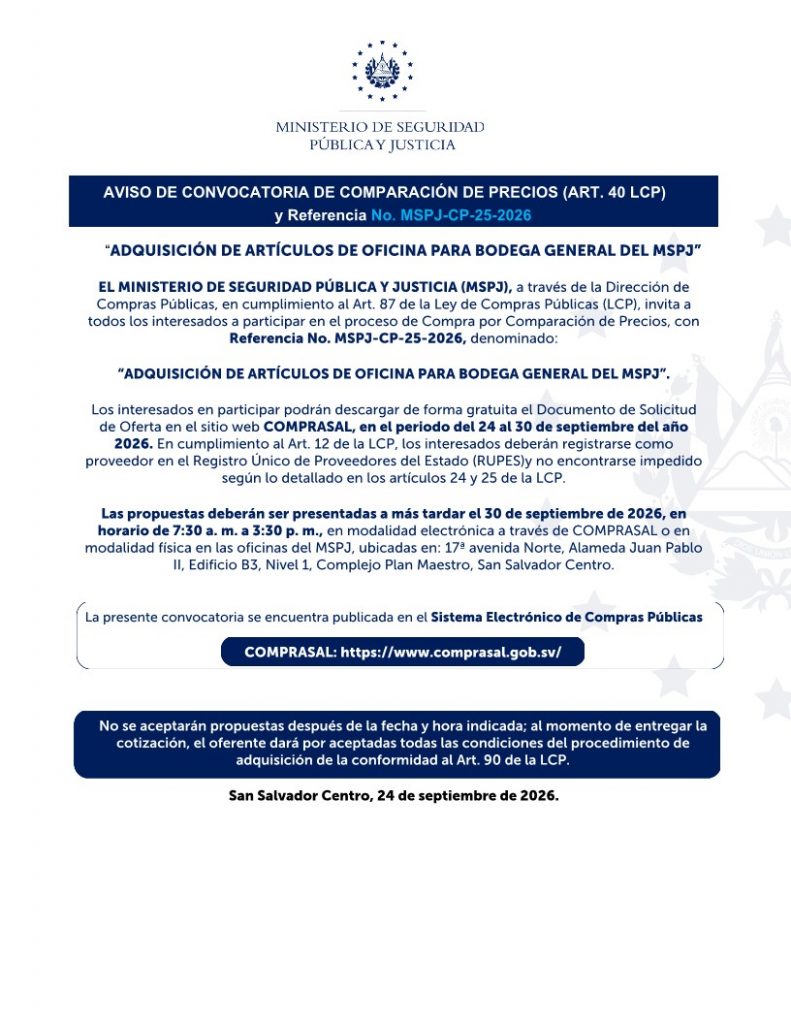 AVISO DE CONVOCATORIA DE COMPARACIÓN DE PRECIOS (ART. 40 LCP) y Referencia No. MSPJ-CP-25-2026