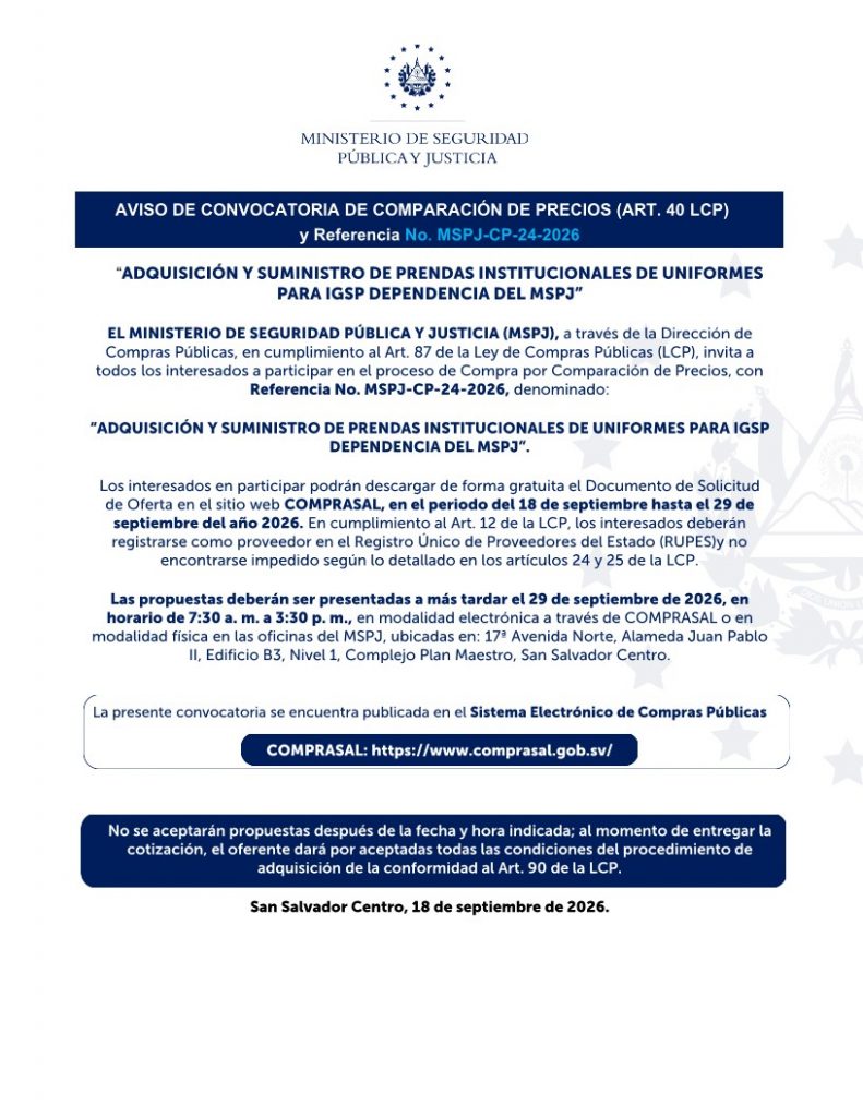 AVISO DE CONVOCATORIA DE COMPARACIÓN DE PRECIOS (ART. 40 LCP) y Referencia No. MSPJ-CP-24-2026