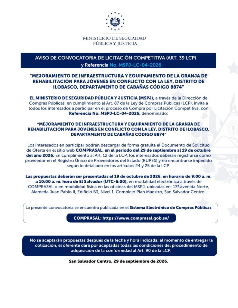 AVISO DE CONVOCATORIA DE LICITACIÓN COMPETITIVA (ART. 39 LCP) y Referencia No. MSPJ-LC-04-2026 