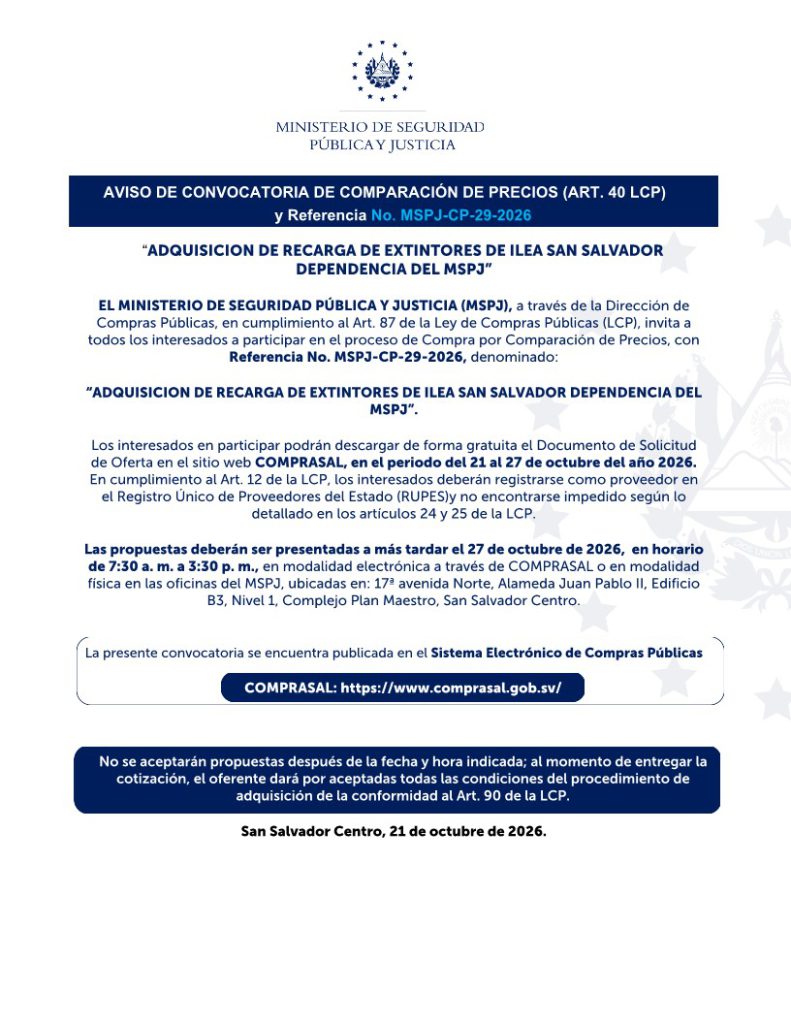AVISO DE CONVOCATORIA DE COMPARACIÓN DE PRECIOS (ART. 40 LCP) y Referencia No. MSPJ-CP-29-2026