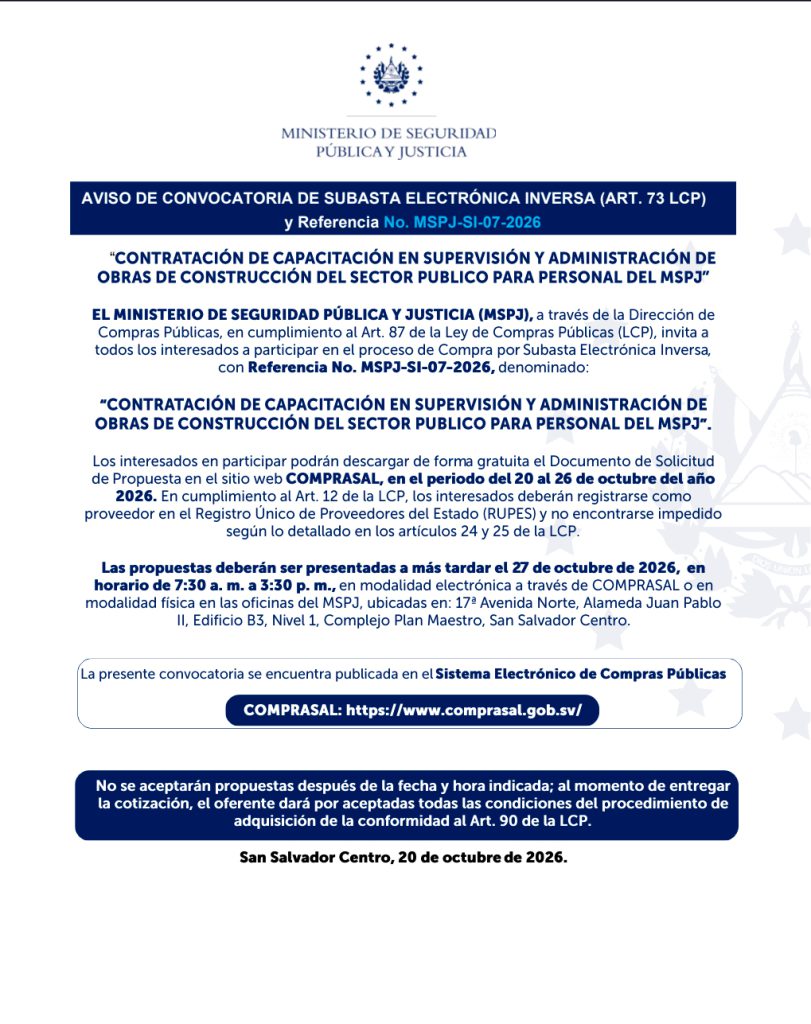AVISO DE CONVOCATORIA DE SUBASTA ELECTRÓNICA INVERSA (ART. 73 LCP) y Referencia No. MSPJ-SI-07-2026